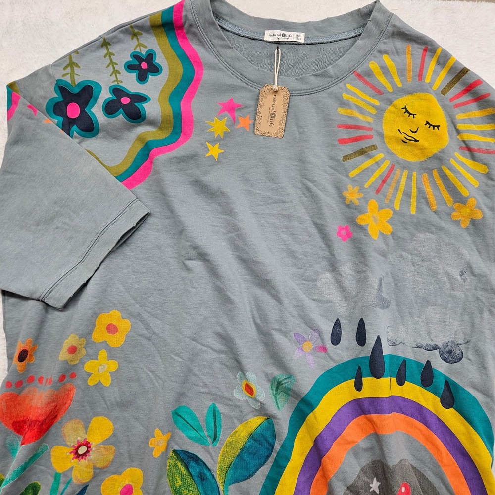 Natural Life Oversized Graphic Sweatshirt Sun Rainbow Mushroom Blue SWTR746 OS